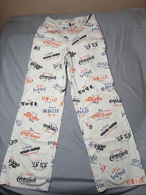 H&M x Coca-Cola Divided White Jeans Orange Blue Logos Foreign Languages Size 2